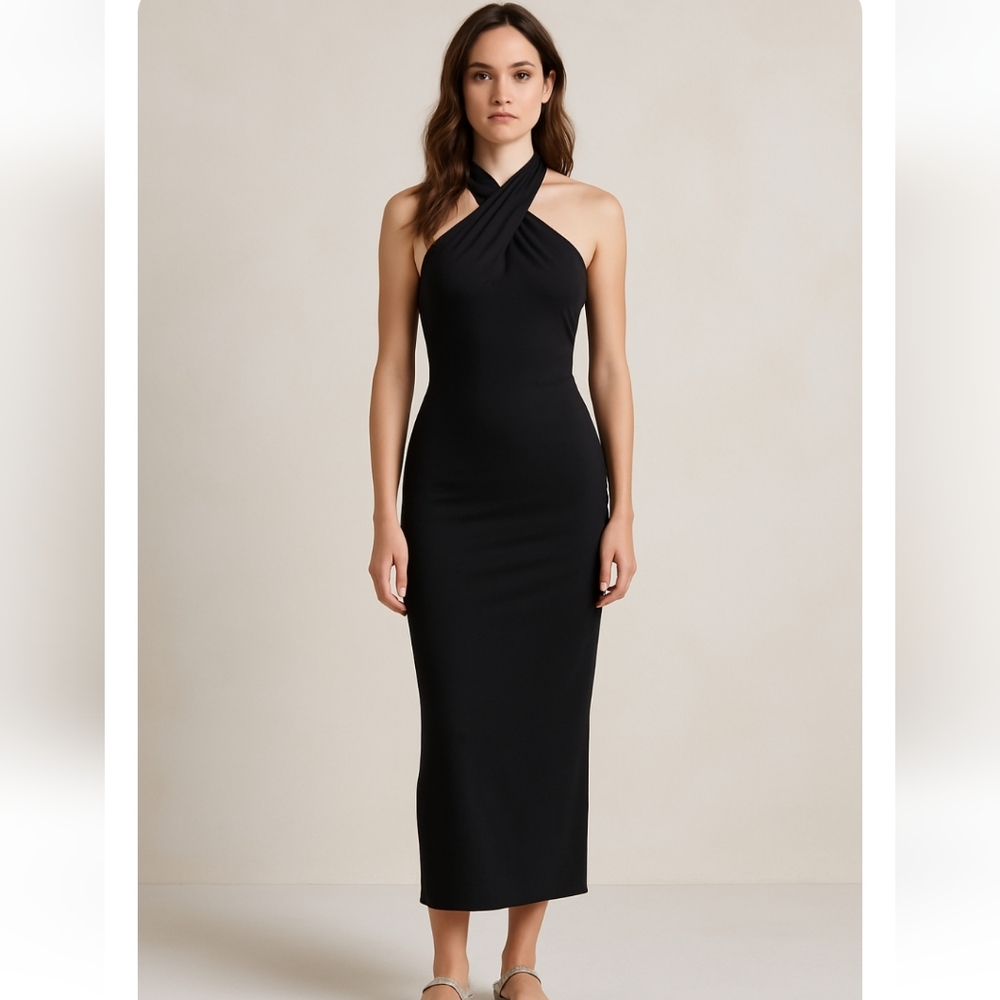 Women’s Black Halter Neck Long Dress Open Back Formal Evening Gown Size S